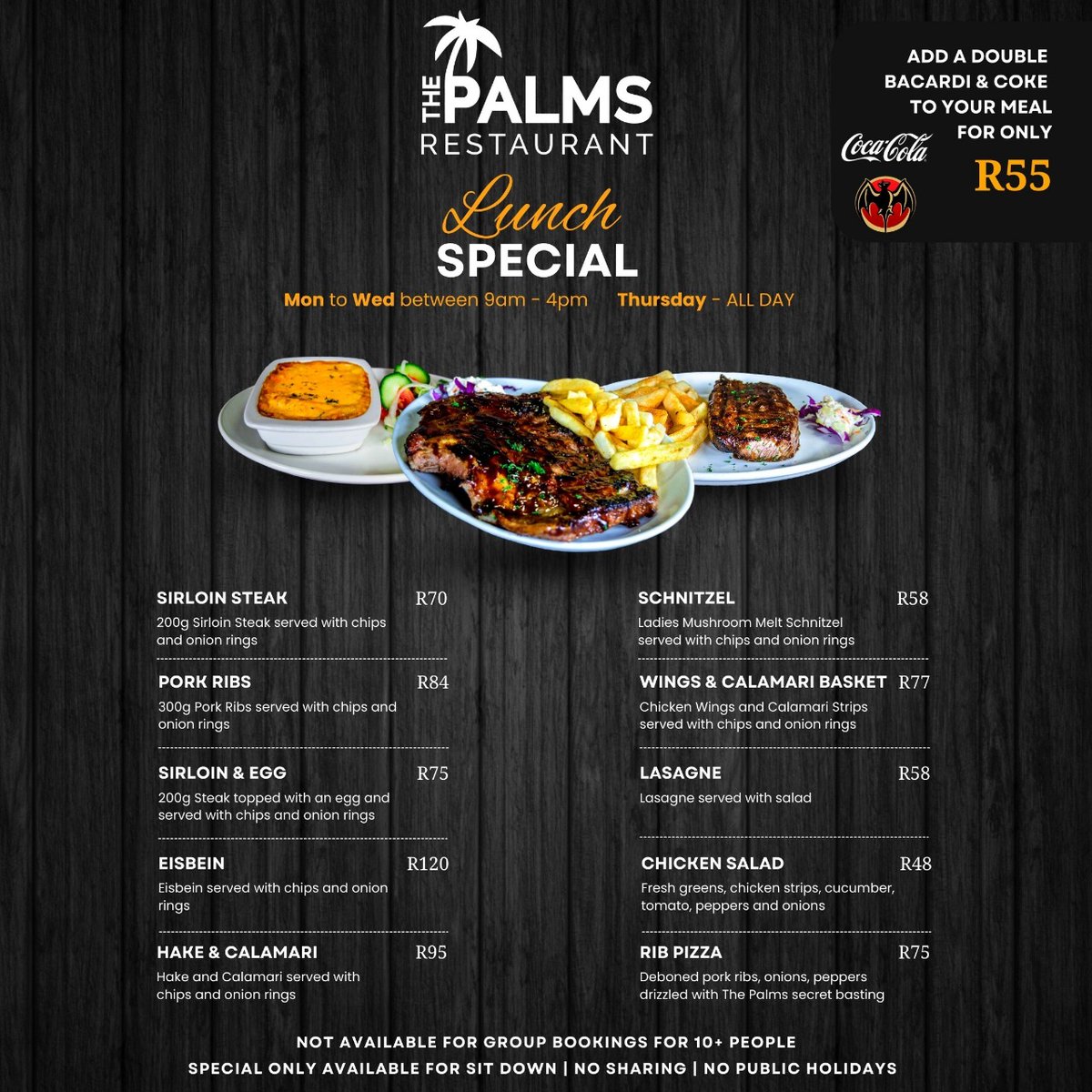ThePalmsWC's tweet photo. AMAZING Lunch Special is available at The Palms Pub &amp; Grill! 🌴😁
Add a double Bacardi and Coke to your meal for only R55!! 🥃

For bookings: bookings@thepalmsrestaurant.co.za

#lunchspecial #lunch #food #discountprices #bacardi #thursday #Steak #Pizza #brackenfell #westerncape https://t.co/DqHZqZR2Va