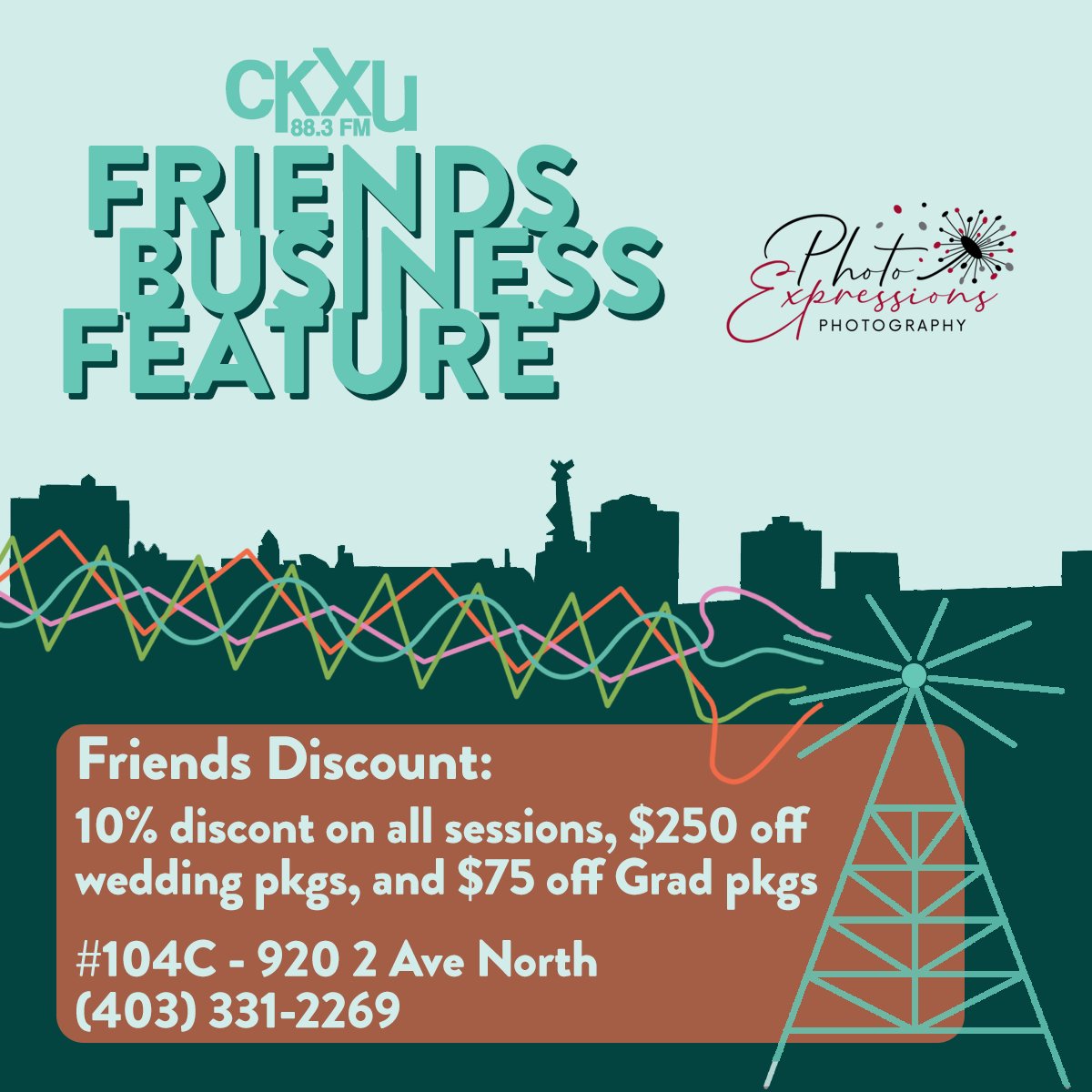ckxu_radio's tweet photo. Capture your next moment! Get a 10% discount on all sessions, $250 off wedding pkgs, and $75 off Grad pkgs with your #CKXUFriendsCard at Photo Expressions! ✨ Located at #104C - 902 2 Ave North in Lethbridge! Thank you, Photo Expressions, for being friends since 2018! 🎉 https://t.co/h6UBstmPxb