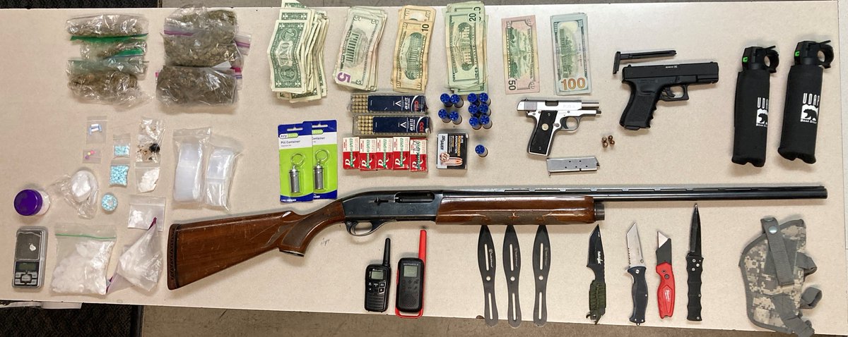Great job by East Night Officers last night who stopped a subject in a stolen vehicle at SE 82nd Ave &amp; SE Malden St. The vehicle was taken at gun point earlier from Clackamas Co. Inside the vehicle, were multiple weapons, ammo, illegal drugs, cash and rainbow-colored fentanyl.