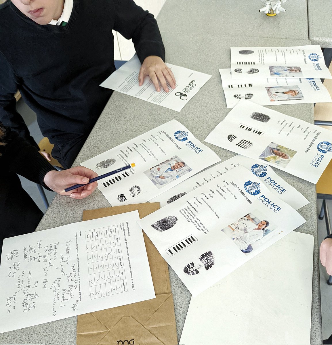 MrWatsonBiology's tweet image. My S1s really enjoyed putting on their detective hats today to identify who the suspect of a crime was. They used loads of skills, such as communication, literacy, problem solving, but most importantly their knowledge of DNA profiling to correctly identify the correct person 🕵🏻🩸