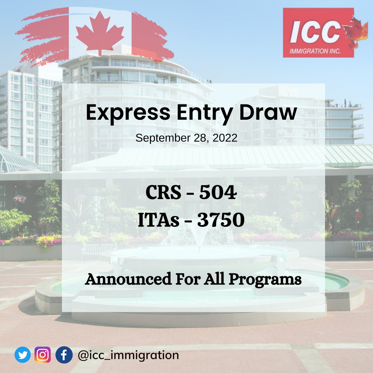 icc_immigration's tweet photo. 7th All program Express Entry Draw Announced at CRS 504 with 3750 ITAs.
Congrats to all who got invitation,
share your score in comment section & let us know if you need any help with CRS calculation.
#expressentry #EEDraw #expressentryupdate #canadaimmigration #expressentry https://t.co/JwnNbi3yYL