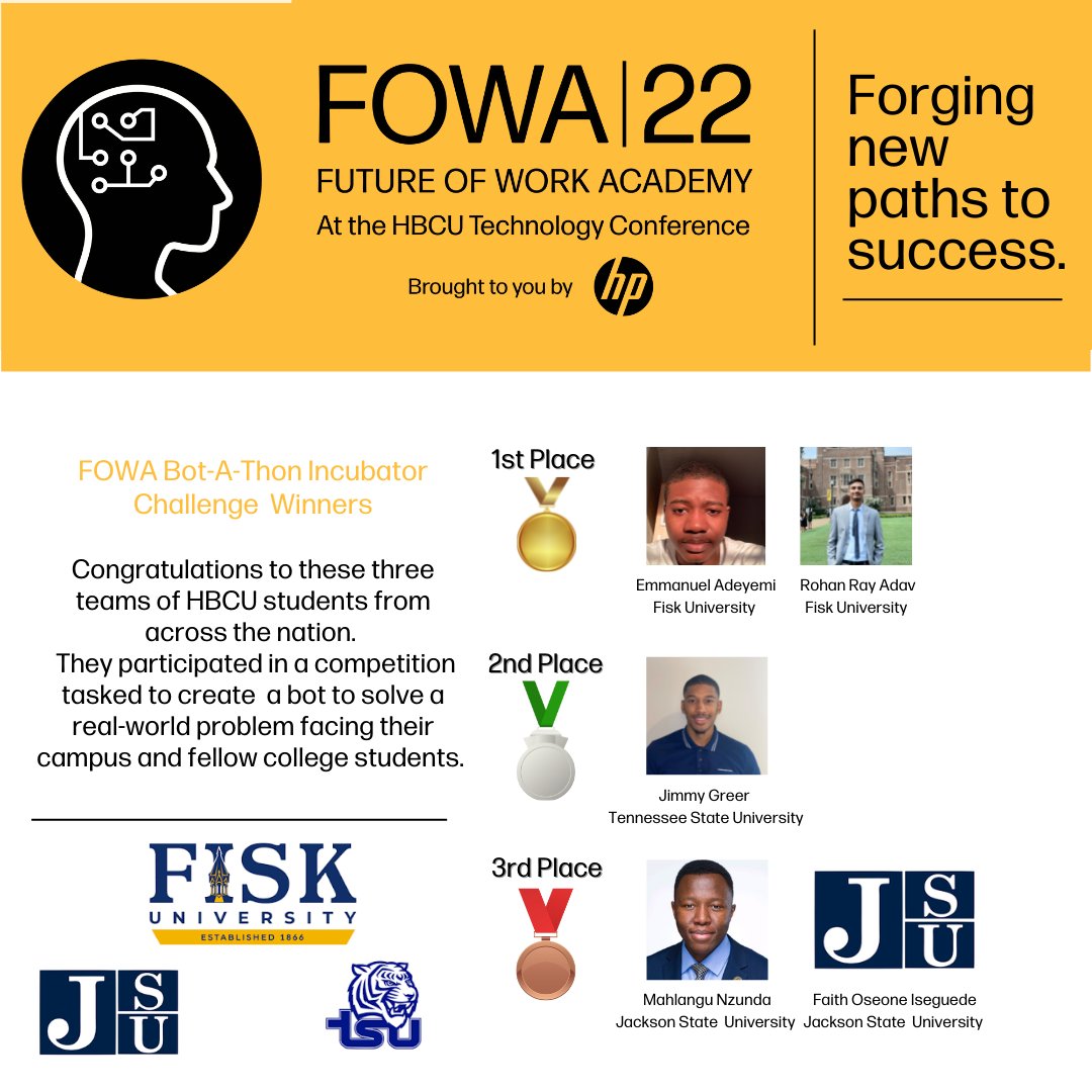 HP Education (@hpedu) on Twitter photo Congrats to the Bot-A-Thon Incubator Challenge winners at <a href="/HP/">HP</a>'s Future of Work Academy (part of our 2nd annual #HBCU Technology Conference)! Winners hail from <a href="/Fisk1866/">Fisk University</a>, <a href="/TSUedu/">Tennessee State University</a>, and <a href="/JacksonStateU/">Jackson State U.</a>. Great showing by all the competing students. Let's do it again next year! #stemEd Congrats to the Bot-A-Thon Incubator Challenge winners at <a href="/HP/">HP</a>'s Future of Work Academy (part of our 2nd annual #HBCU Technology Conference)! Winners hail from <a href="/Fisk1866/">Fisk University</a>, <a href="/TSUedu/">Tennessee State University</a>, and <a href="/JacksonStateU/">Jackson State U.</a>. Great showing by all the competing students. Let's do it again next year! #stemEd