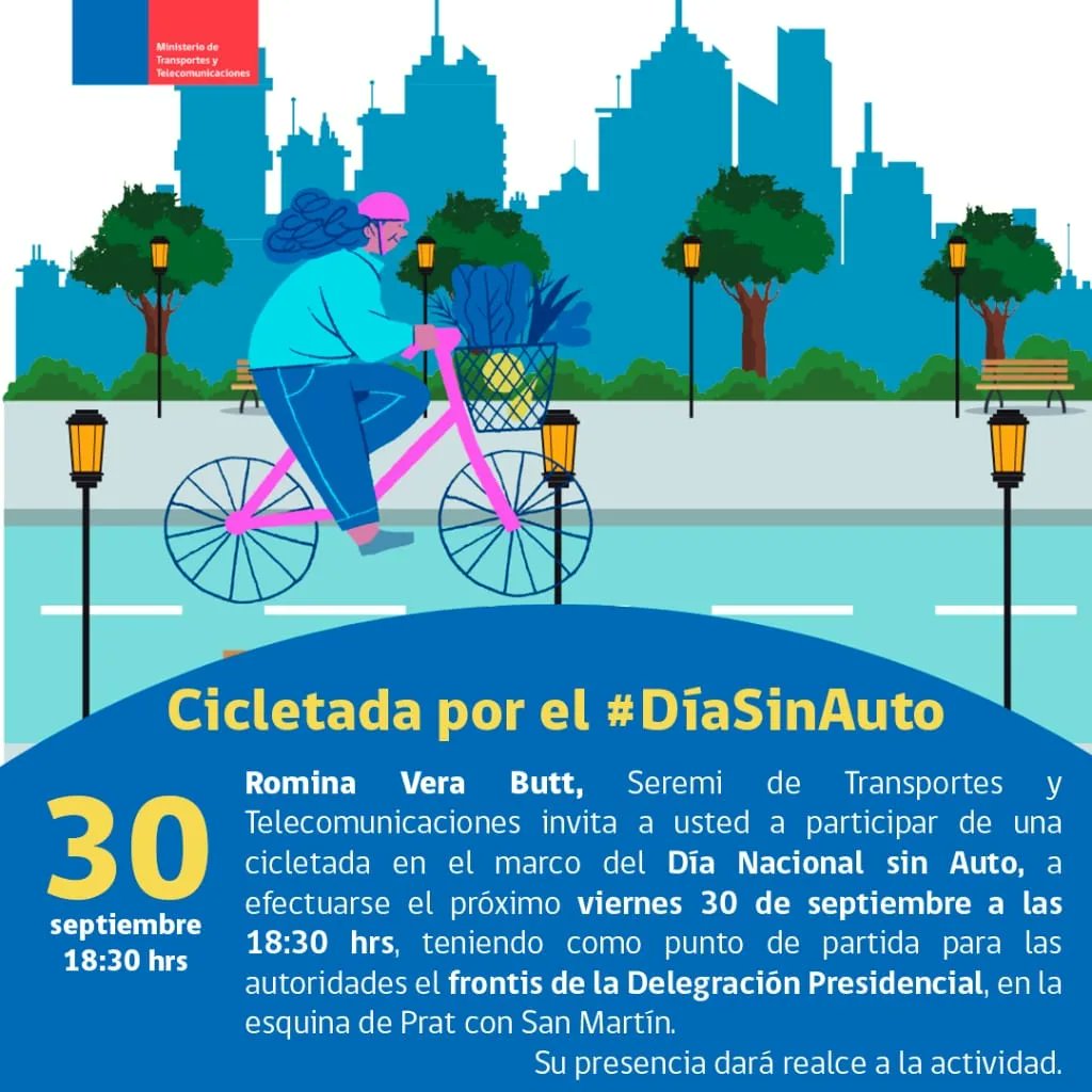 🟣 <a href="/MTTAntofagasta/">SeremiTT Región de Antofagasta</a> te invita a la #Cicletada del #DíaNacionalSinAuto en #Antofagasta 🚲

📅 #Viernes 30 de #septiembre 

🕕 18:30 hrs

📌 Frontis <a href="/DPRAntofagasta/">Delegación Presidencial Regional de Antofagasta</a>
(Prat con San Martín)

⭐️¡Toda #Antofagasta invitada! ⭐️