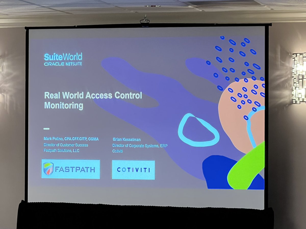 Another great session around #accesscontrol coming up here at #suiteworld2022 with my <a href="/GoFastpath/">Fastpath</a> colleague <a href="/mpolino/">Mark Polino</a> and Brian Kesselman.  Important topic for sure, starting now.  #GRC #ControlsMatter