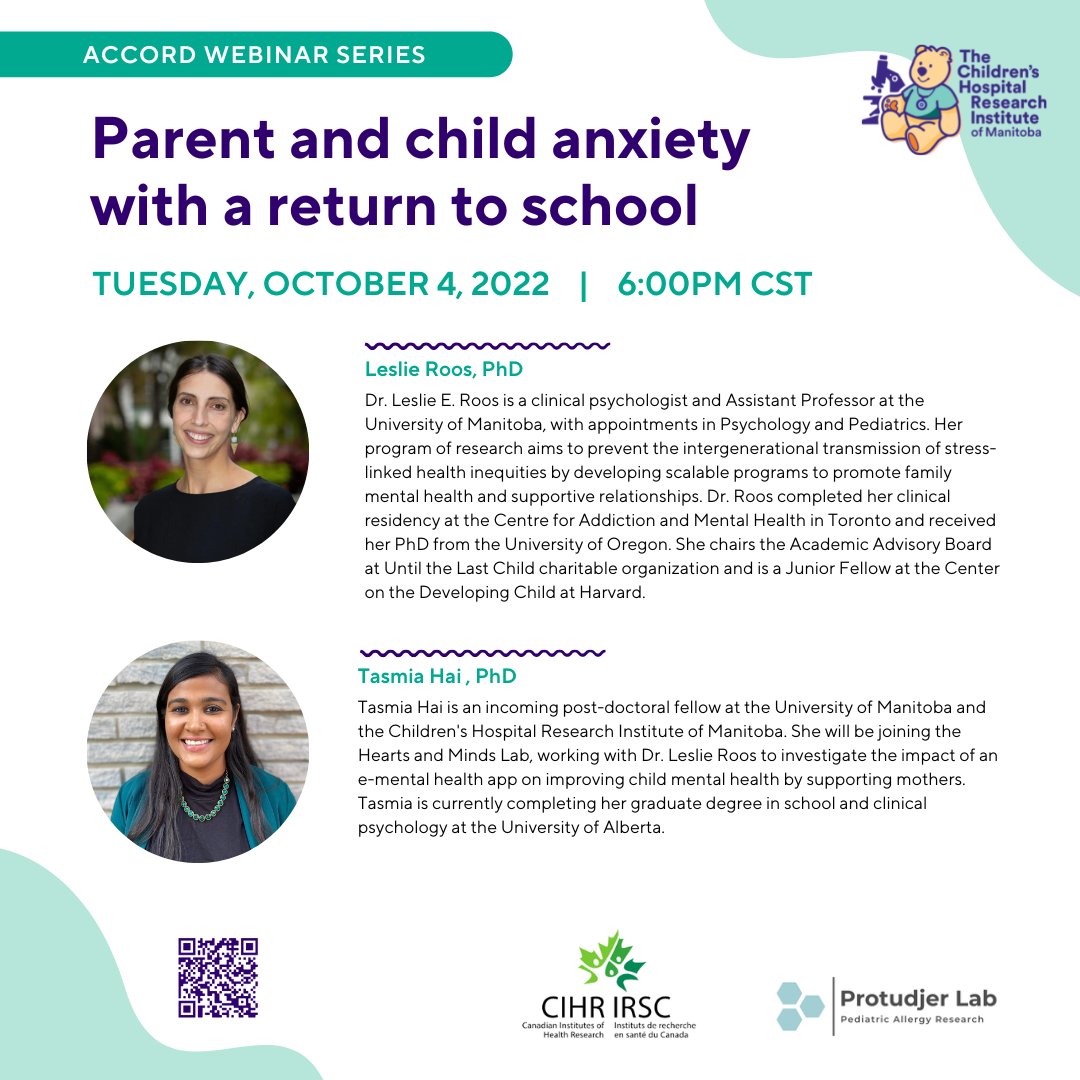 CHRIManitoba's tweet photo. The ACCORD Webinar Series is back! Drs. @_LaRoos  and @TasmiaHai will present on coping with child and parent #anxiety when returning to school. 

Pre-registration required – more details here: https://t.co/uLjZszw3bd https://t.co/6xmvciuEHv
