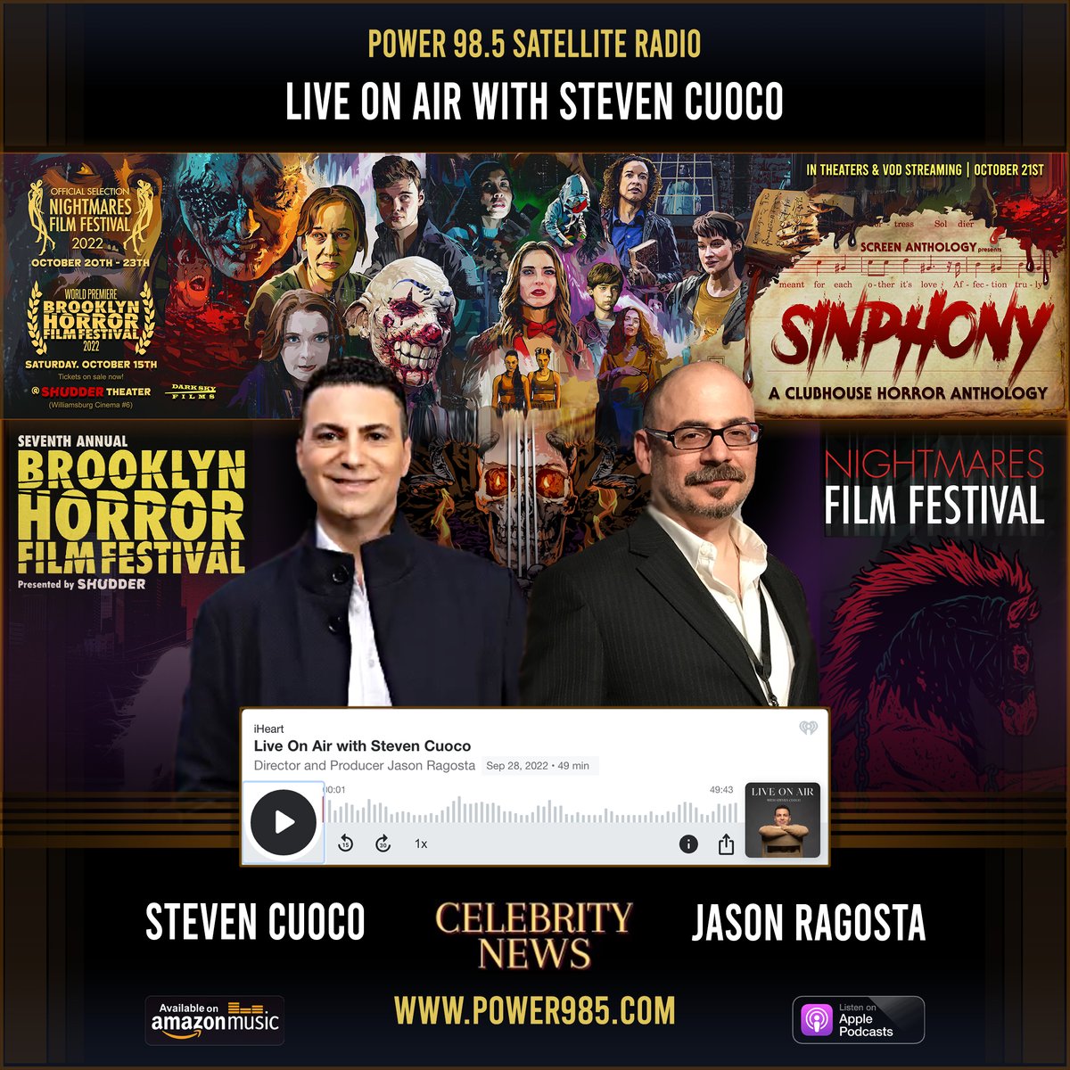 The very fun (and surprisingly informative) interview that I did with the incomparable Steven Cuoco on Power98.5 Satellite Radio is now available on demand through this link: music.amazon.com/podcasts/655cb…
#sinphonyhorroranthology #indiehorrorfilm #stevencuoco