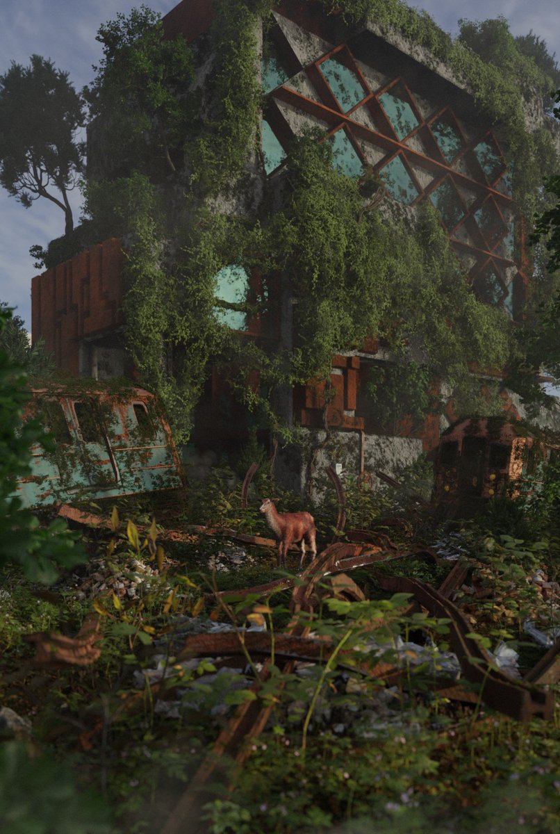 Pleebs_xyz's tweet photo. that's the render without post. 

made a quick #geometrynodes  set-up for drawing the steel-beams, #scatter5 and #graswald for the vegetation.
my very first selfmade building, covered with two sorts of ivy; and much feedback. https://t.co/50opmZYX5b