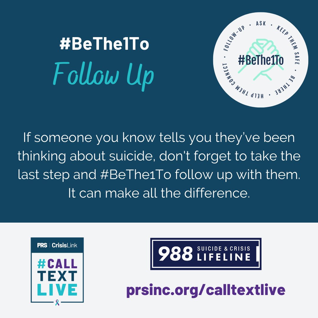 PRSincorporated's tweet photo. Step 5: Follow Up

If someone you know tells you they've been thinking about suicide, don't forget to take the last step and #BeThe1To follow up with them. It can make all the difference. https://t.co/VpgrLcsL2m