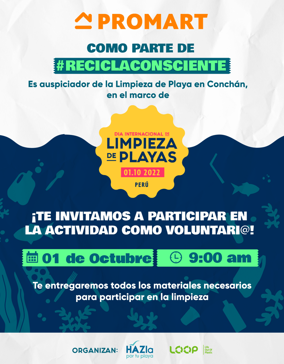 promart_peru's tweet photo. Este sábado 1ro de octubre en el marco del #DíaInternacionaldeLimpiezadePlayas los invitamos a ser parte de la limpieza de la playa Conchan. Súmate al cambio que todos queremos registrándote aquí: https://t.co/V5RBvo65aD

#CambiasAlgoCambiaTodo #ReciclaConsciente https://t.co/9paruSHjc8