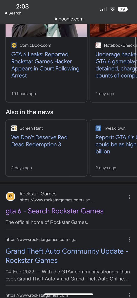 snebtech's tweet photo. @NEWSLEAKSGTAS Its showing on search results bcz ppl are searching it in their rockstar games page so its improving their seo hence making it appear on top bcz when u click the search results its shows nothing because if everyone at once will search gta 7 even that will show up https://t.co/YmLV2Id8RA