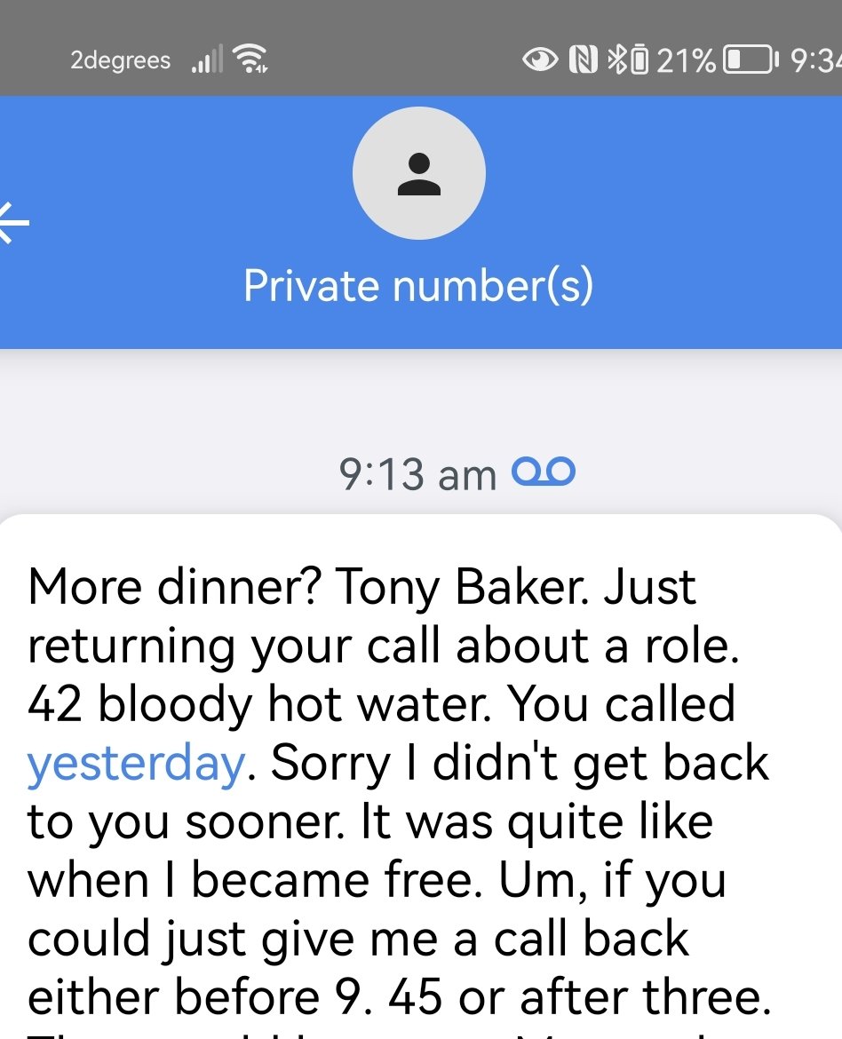 shampainsundy's tweet photo. It's actually "Morena, Tony Baker returning your call about a role at Te Whare Hauora. #shitvxttranslates #vxt https://t.co/QQNNyFLeQC