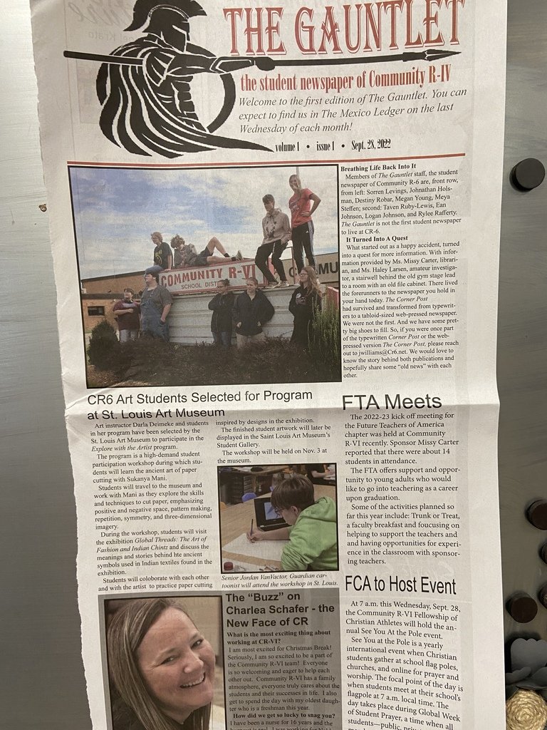 CR6Trojans's tweet photo. Check out the first issue of The Gauntlet-The student newspaper of Community R-VI in today's Mexico Ledger! The Gauntlet will be published on the last Wednesday of each month. #TrojanPride #WeAreCommunity #ACommunityCommittedToSuccess https://t.co/vl2Cj8RlPC