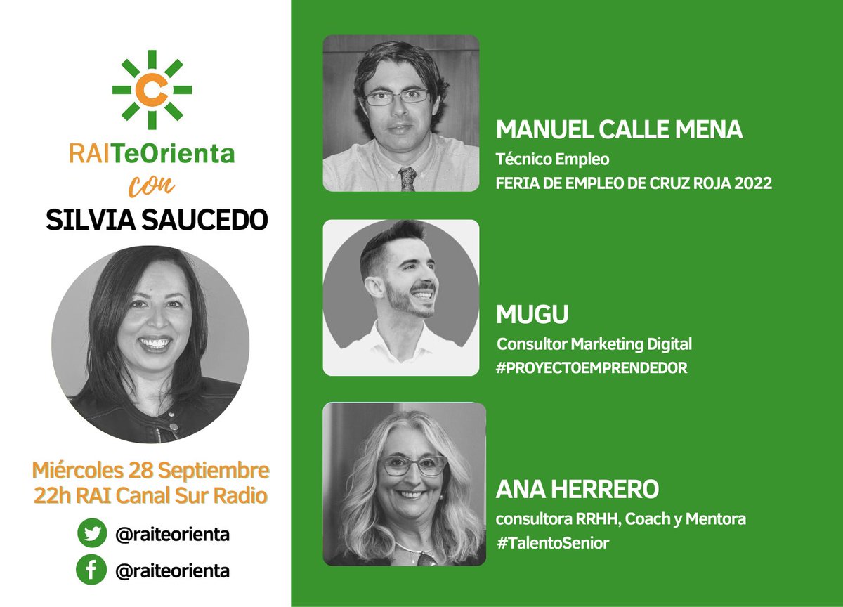 Orientación Laboral en Radio Andalucía Información (@orientacion_csr) on Twitter photo Turno en #RAITeOrienta para escuchar a <a href="/AnaHerrero/">Ana Herrero</a> y su sección #TalentoSenior con consejos de motivación y desarrollo de talento de las personas desempleadas mayores de 45 años. Escúchala aquí 👇🏼
canalsur.es/radio_directo-…
#orientación #empleo #formación #emprendimiento Turno en #RAITeOrienta para escuchar a <a href="/AnaHerrero/">Ana Herrero</a> y su sección #TalentoSenior con consejos de motivación y desarrollo de talento de las personas desempleadas mayores de 45 años. Escúchala aquí 👇🏼
canalsur.es/radio_directo-…
#orientación #empleo #formación #emprendimiento