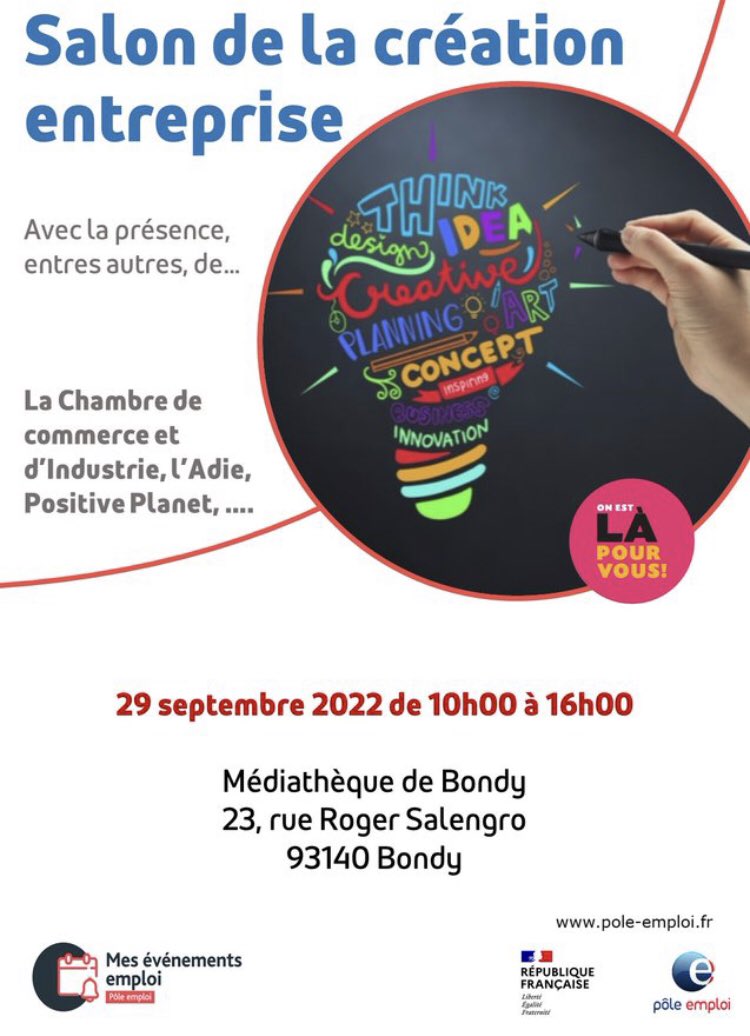 Infos_emploi93's tweet photo. [Évènement] #Restart2022
Le @pole_emploi de Bondy organise un évènement à destination des demandeurs d’emploi en projet de #création d’entreprise.                                          https://t.co/Aj5EhulSb6 https://t.co/NagjY4z0ma