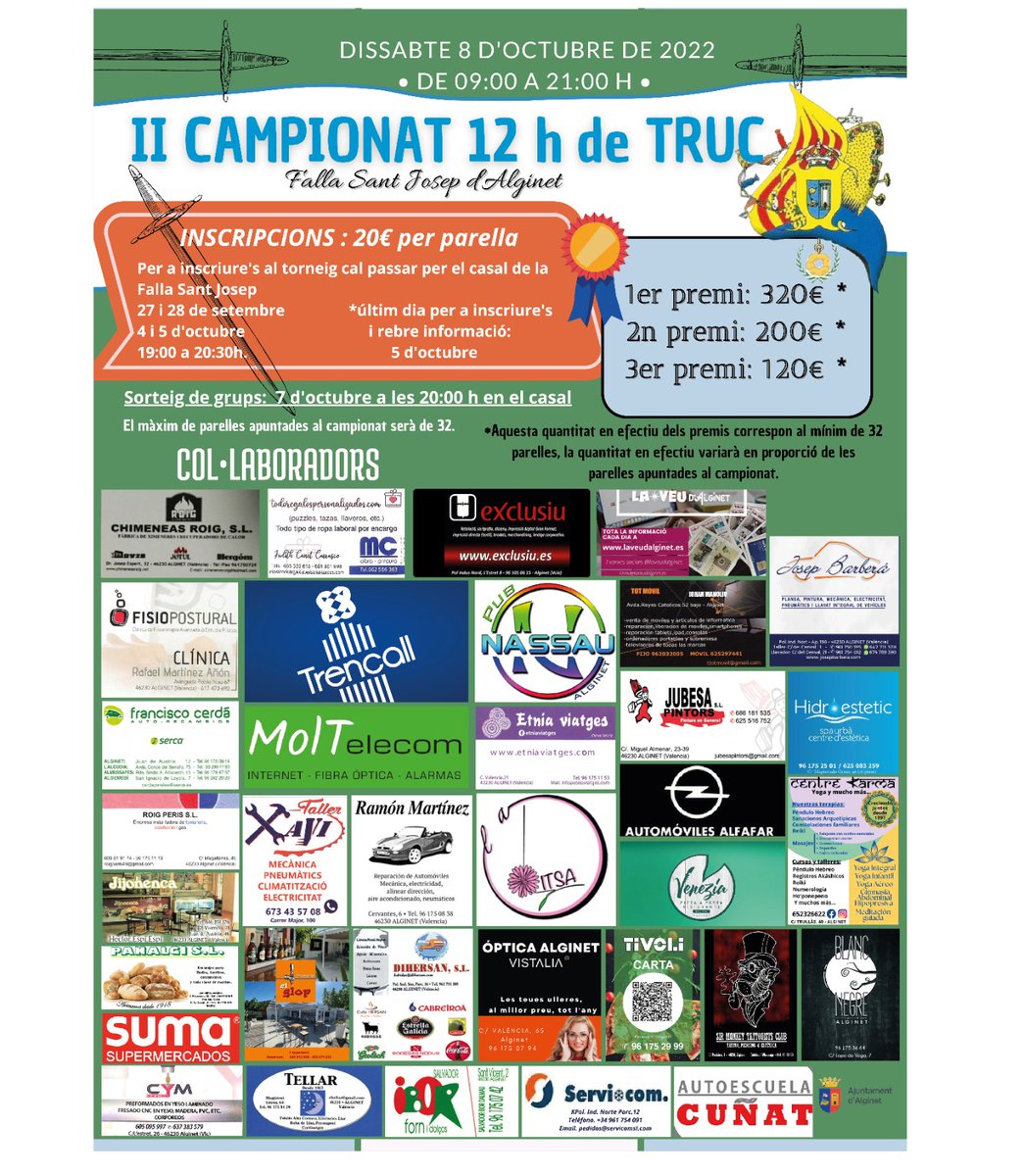 FallaSantJosep's tweet photo. Vos esperem en la 2a edició de les 12 hores de truc, premis en metàl•lic i trofeu per als primers classificats i un día de diversió assegurada #Falles2023 #Alginet #Truc https://t.co/ax0uwUUvr1