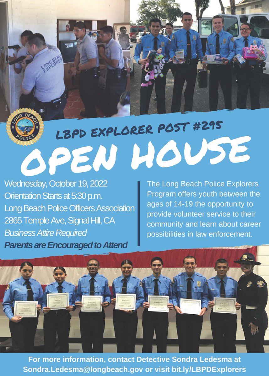 Do you know a 14-19 year-old looking to make a difference in our #LongBeach community⁉️ We're looking for candidates for our #LBPDExplorers program❗⁠⁠ 📅 Applications due 10/12 🗓️ Open House on 10/19 For more info and to apply, please visit bit.ly/LBPDExplorers