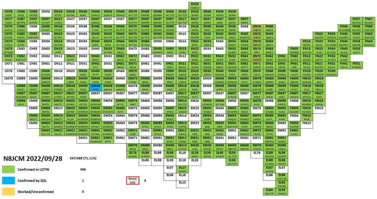 N8JCM's tweet photo. Thanks to @WD9EWK, @KN2K1, and #AA8CH, my Grid Map just became a bit greener...  😀 https://t.co/YysGbXciSk