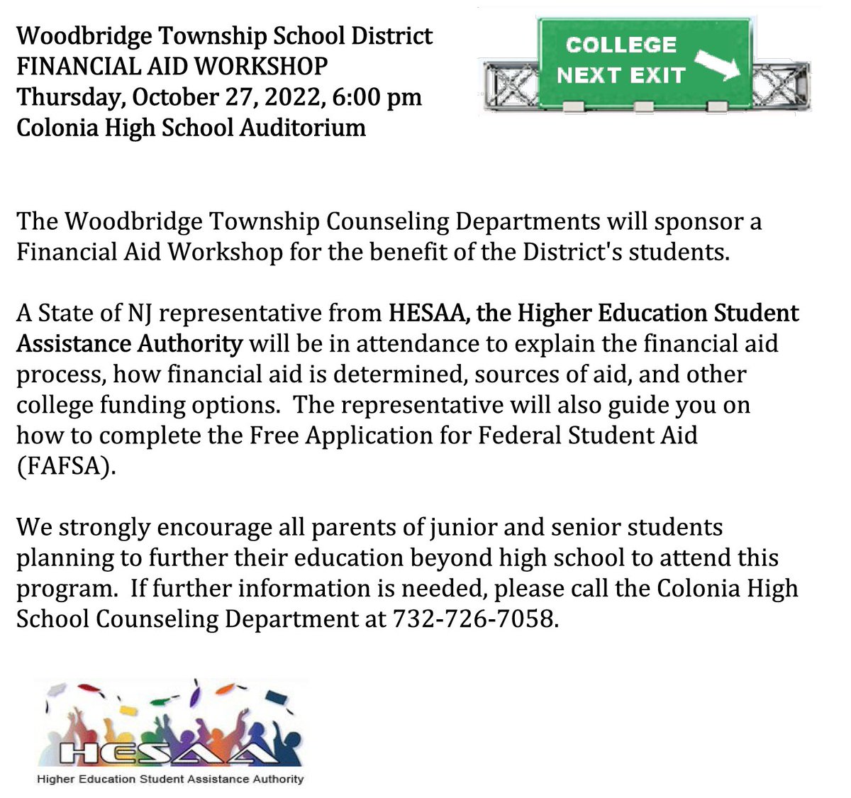 🚨Seniors... The FAFSA opens up on Oct 1st. Consider attending the WTSD's financial aid workshop at Colonia HS on Thurs. Oct. 27th at 6pm. Open to all current 11th and 12th grade parents & students. Presenters are from HESAA. hesaa.org @WHSBarronPride @NJHESAA