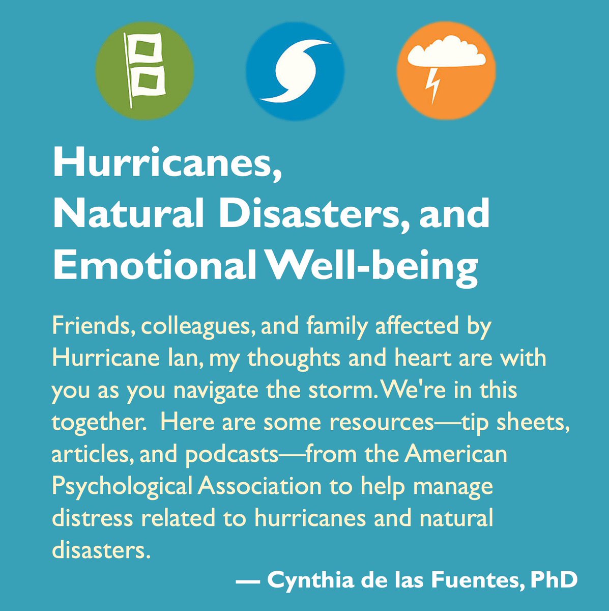 Cynthia4APA's tweet photo. My thoughts and heart are with our friends, colleagues, and  family in the path of #HurricaneIan. Here are some tip sheets,articles, and podcasts from @APA to help manage the distress during this time. Link: https://t.co/f7ZqYkGZqX https://t.co/PrAfoaPVYA