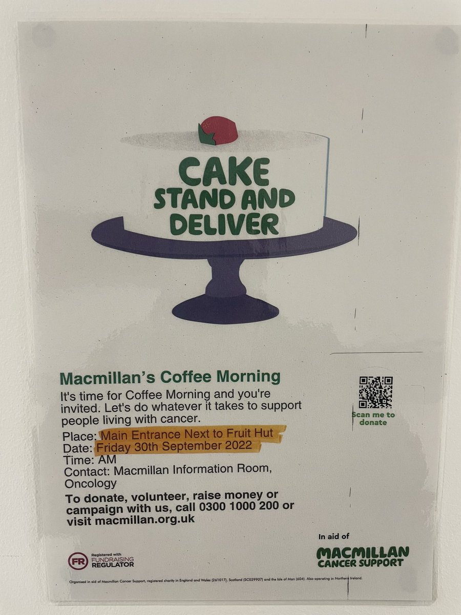 Friday at Queens and King Georges we are so excited to be running our first post pandemic Macmillan Coffee Morning 😁
Competitions and Raffles to be won with some amazing prizes. 
cake donations are most welcome 🍰 details of Queens location below. <a href="/BHR_cancerinfo/"><a href="/BHRUT_NHS/">BHRUT NHS 🏥</a>_CancerSupport</a> @BHRUT_NHS