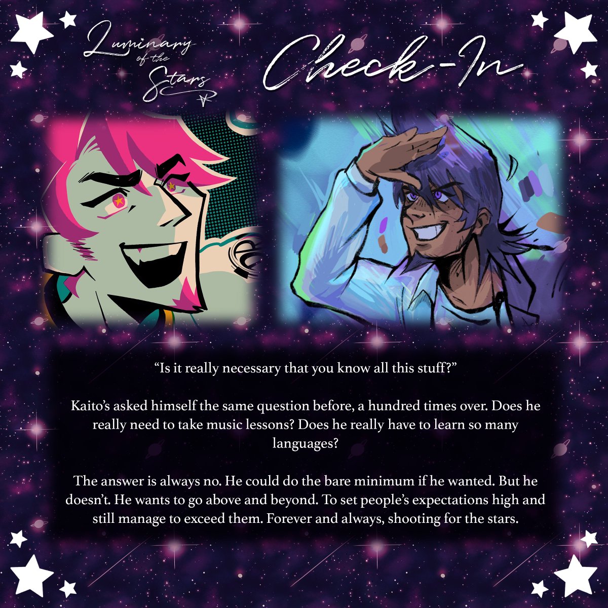 luminary_zine's tweet image. "We're right about to reach our third check-in... take a peek at some of the progress from our last one! Everything's lookin' great so far, don't you think?!"

(@KB2OXX on left, @fiyrball6063 on right, @CreativelyTrash on bottom)