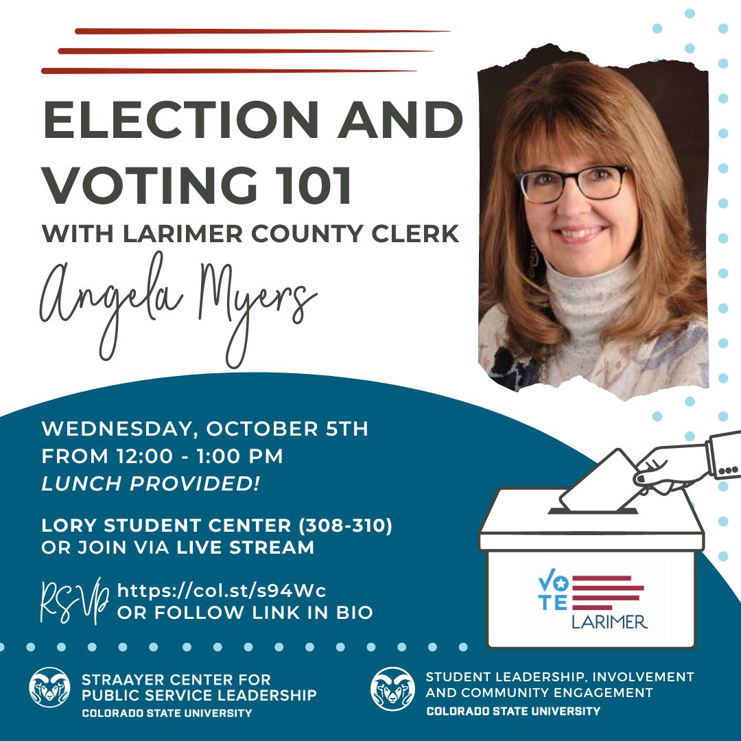 CSUPoliSci's tweet photo. We are so excited to host Larimer County Clerk, Angela Myers, NEXT WEDNESDAY!!! Lunch will be provided (sandwich bar) so please RSVP: https://t.co/UhRDvLsgI8

#ColoradoState #ColoState #FortCollins #RamsVote https://t.co/cdJtvDk0kG