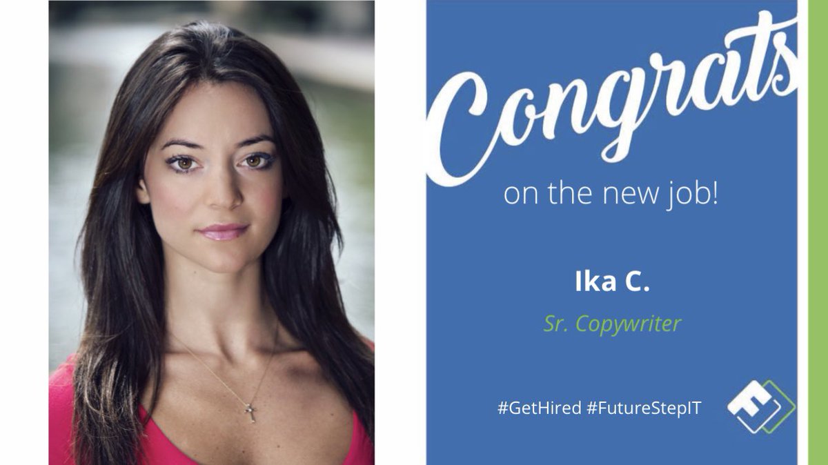 FuturestepIt's tweet photo. You did it!! Congratulations Ika!! Your creative mindset, skillset and personality will make a direct impact with our client! Such a great experience working with you during the hiring process! #WomenInTech #CopyWriter #GetHired #FutureStepIT #directhire https://t.co/dl3QFQ1aZx