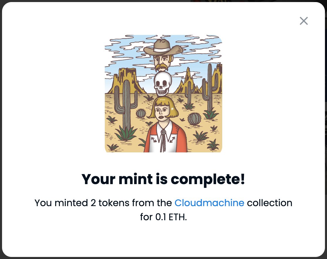 Just minted my first two <a href="/CloudmachineNFT/">CLOUDMACHINE ☁️⚙️☁️</a> So stoked for this crew and project!
