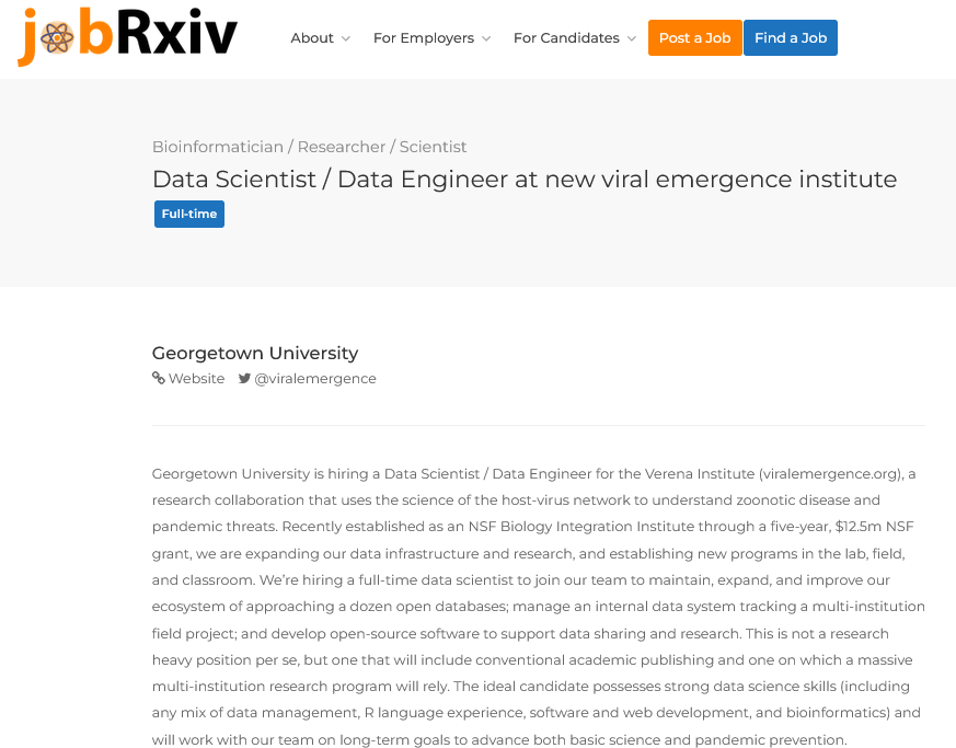 jobRxiv's tweet photo. Data Scientist / Data Engineer at new viral emergence institute 

Georgetown University, Washington, DC, USA

https://t.co/31moBn0wqF 

#ScienceJobs @viralemergence https://t.co/xGdFf54g9u