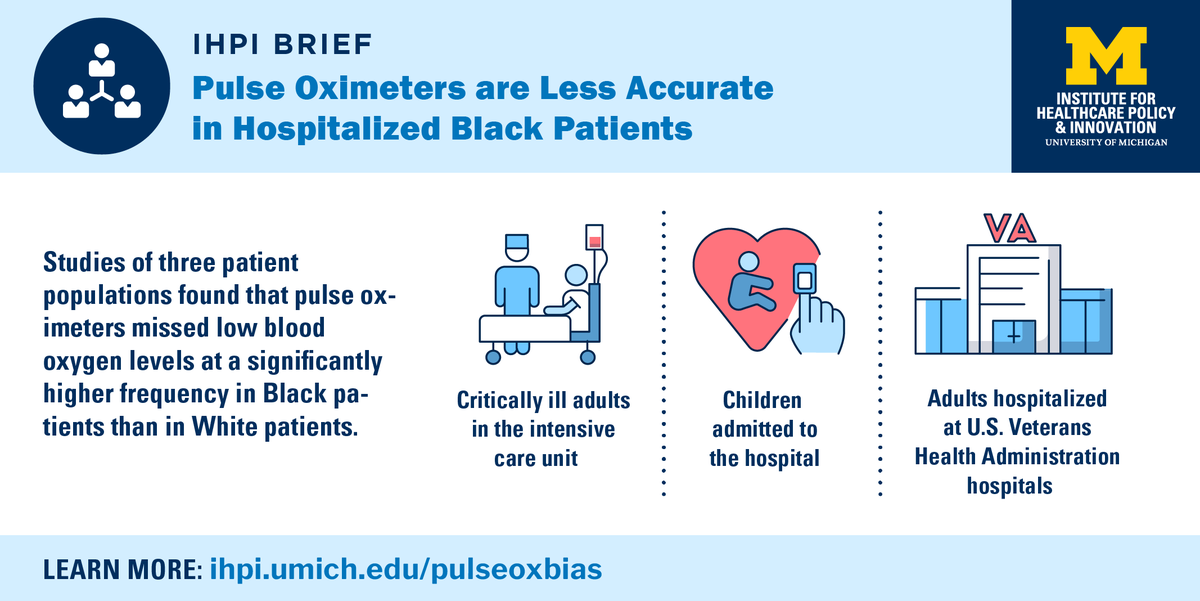 NEW: @msjoding & colleagues have spent 2+ years looking at the accuracy of #pulseox devices in hospital patients with darker skin, and finding major issues. Read our new brief summarizing their work, in advance of an @US_FDA hearing on the topic this fall: ihpi.umich.edu/news/pulse-oxi…