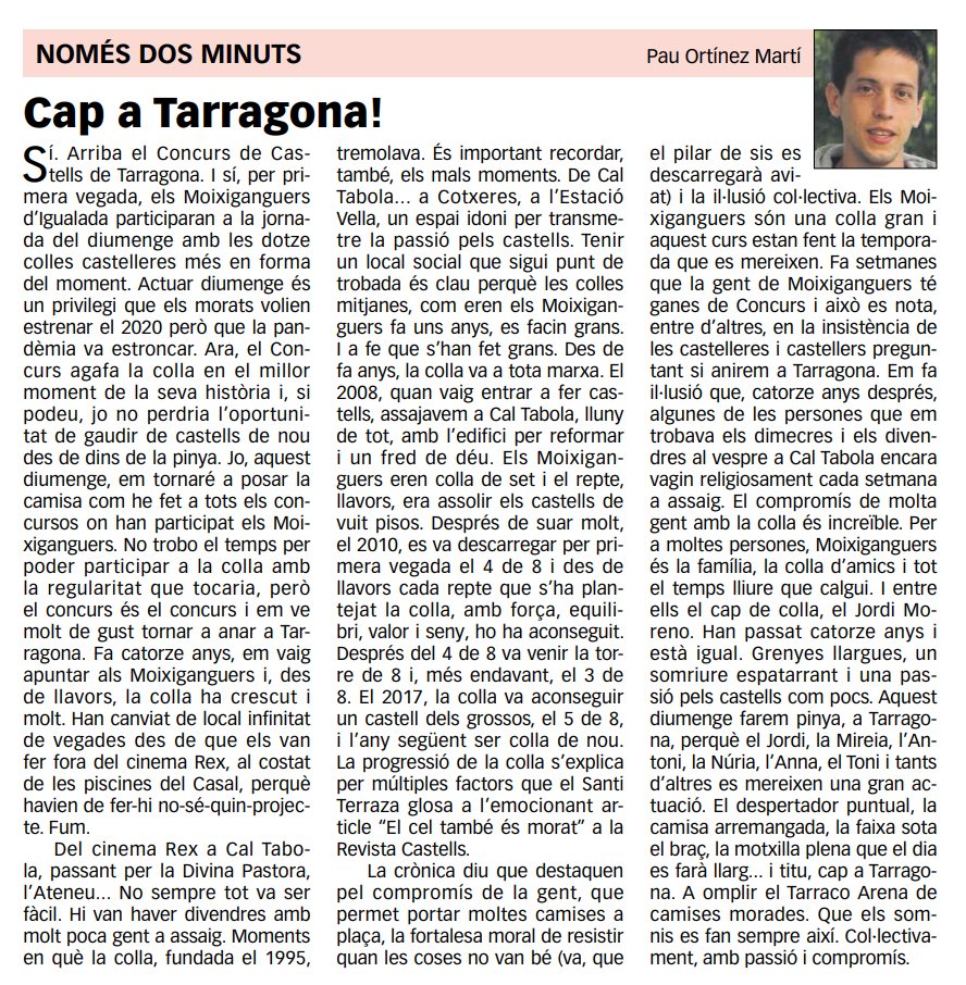 Aquest diumenge el despertador puntual, la camisa arremangada, la faixa sota el braç, la motxilla plena que el dia es farà llarg... i titu, cap a Tarragona!

A omplir la Tarraco Arena de camises morades! <a href="/moixiganguers/">Moixiganguers d'Igd</a>