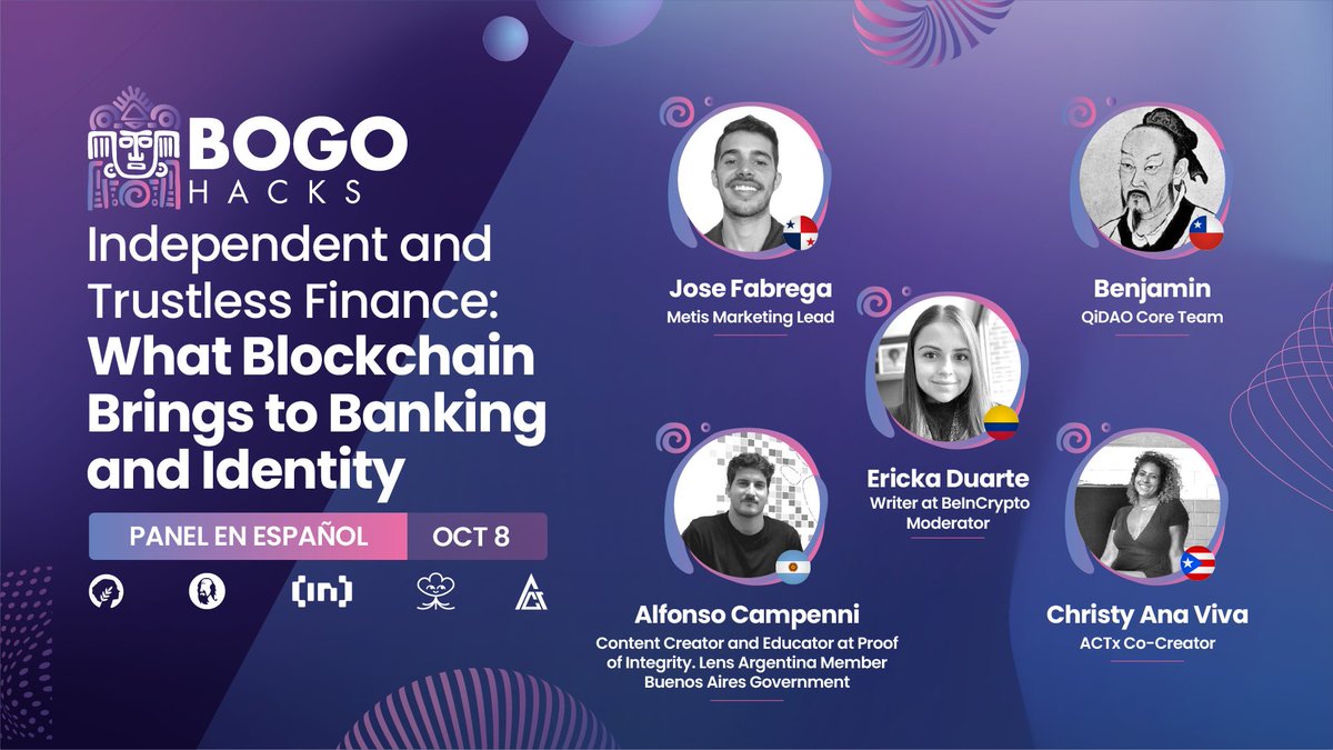 MetisL2's tweet image. Let's bring web3 to the real world through real conversations!

Join us &amp;amp; @gitcoin for our Spanish panel during #BogoHacks Opening Ceremony with some of LatinX giga-brains where we will talk about the future of finance🧠

Sign up for the opening ceremony👉eventbrite.sg/e/bogohacks-op…