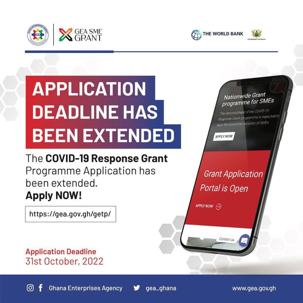 gea_ghana's tweet photo. We have extended the application deadline for the COVID-19 Response Grant Programme to the 31st October, 2022. 

Visit: https://t.co/QOtcq6TJBW to apply.

#GETP       
#EmpoweringPeople
#COVID19ResponseGrant 
#GrantSectoralExpansion
#TransformingSMEs https://t.co/2riNVzxeqA