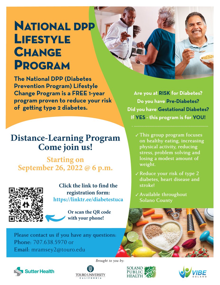 Registration is STILL OPEN!
@TouroCalifornia's National Diabetes Prevention Program Lifestyle Change Program. #NationalDPP
FREE 1-year program proven to reduce the risk of getting #Diabetes
Register: bit.ly/DPP-TUC
#DiabetesPrevention #PreventDiabetes #Prediabetes