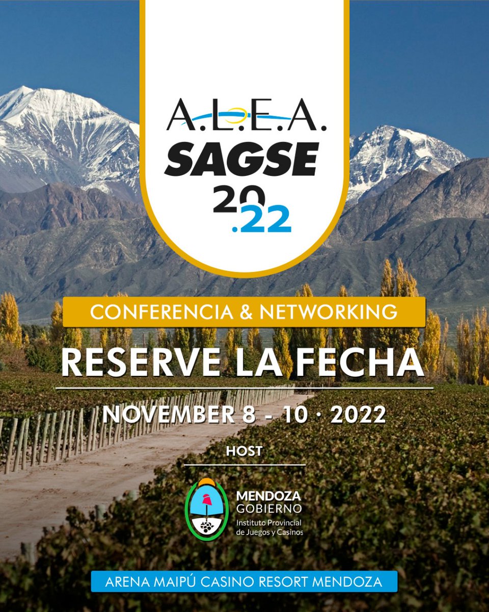 A.L.E.A. (@aleaorg) on Twitter photo En Mendoza, del 8 al 10/11 será nuestra 66° Asamblea Extraordinaria,
organizada junto al Instituto Pcial. de Juegos y Casinos.
Y, junto a Monografie, organizadora de <a href="/sagselatam/">SAGSE LATAM</a>, miembro adherente de ALEA, los invitamos a a la jornada de networking.
¡Reservá la fecha! En Mendoza, del 8 al 10/11 será nuestra 66° Asamblea Extraordinaria,
organizada junto al Instituto Pcial. de Juegos y Casinos.
Y, junto a Monografie, organizadora de <a href="/sagselatam/">SAGSE LATAM</a>, miembro adherente de ALEA, los invitamos a a la jornada de networking.
¡Reservá la fecha!