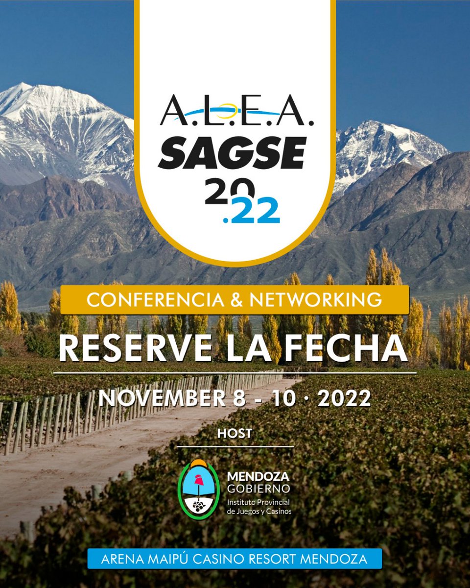 En Mendoza, del 8 al 10/11 será nuestra 66° Asamblea Extraordinaria, organizada junto al Instituto Pcial. de Juegos y Casinos. Y, junto a Monografie, organizadora de @sagselatam, miembro adherente de ALEA, los invitamos a a la jornada de networking. ¡Reservá la fecha!