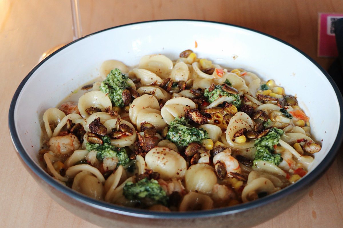 brightside_CLE's tweet photo. Rock Shrimp Orecchiette // charred corn, corn sauce, rock shrimp, sweet and hot peppers, basil pesto, mole spiced pepitas.
#brightsidecle #brightsidecleveland #ohiocity #livelifeonthebrightside https://t.co/9m7xCsqpVR