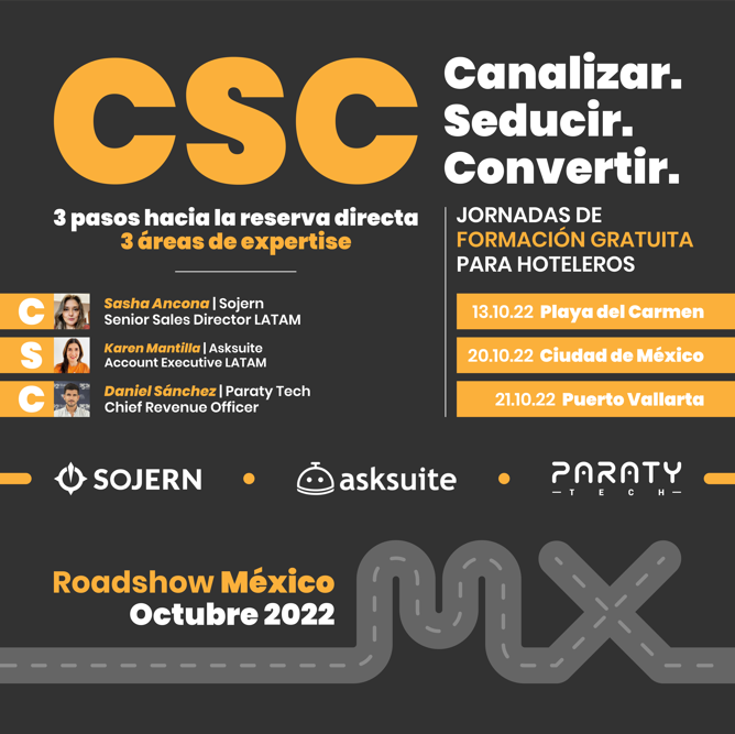 #Hoteleros de México, los invitamos al evento CSC: Canalizar. Seducir. Convertir. 3 pasos hacia la reserva directa.

Inscríbete:
Playa del Carmen: bit.ly/CSC-playa-del-…
Ciudad de México: bit.ly/CSC-ciudad-de-…
Puerto Vallarta: bit.ly/CSC-puerto-val…