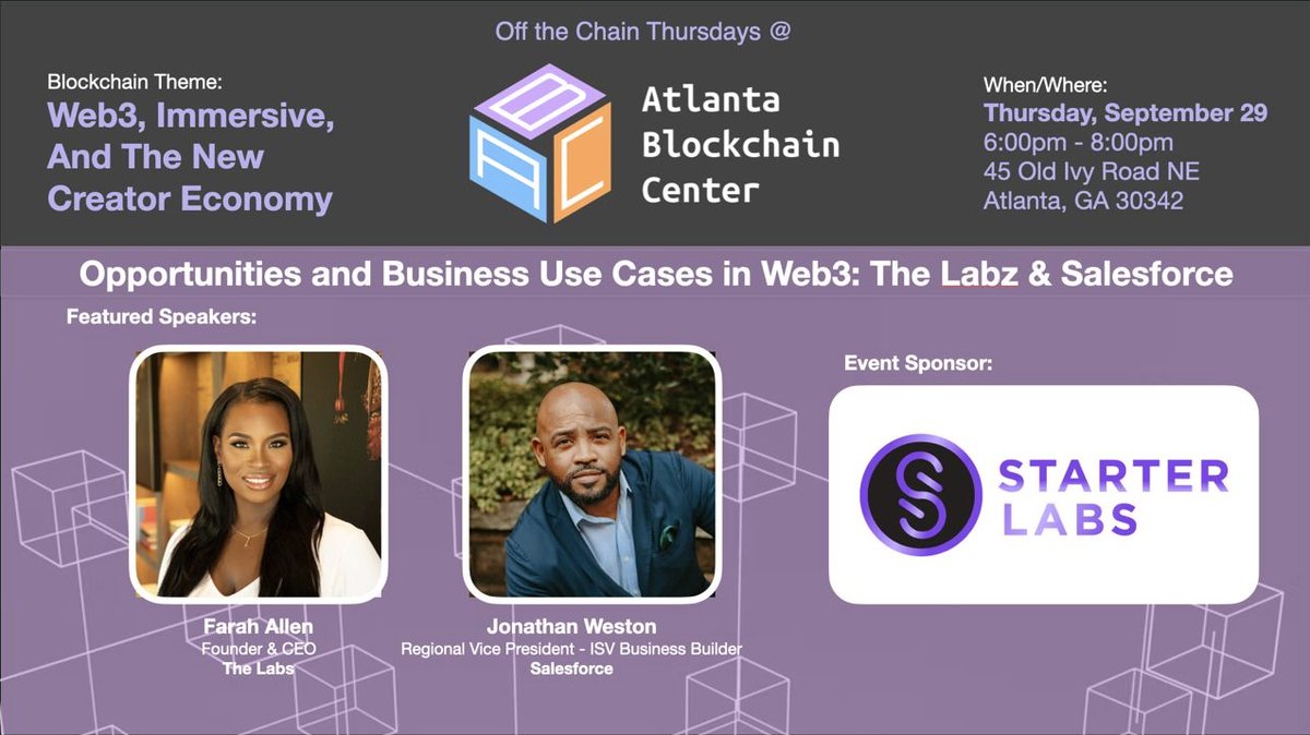 Join us tomorrow for our next weekly event <a href="/AtlantaChain/">Atlanta Blockchain Center</a> with The Labz and <a href="/salesforce/">Salesforce</a>!

✍️ Learn all about the Opportunities and Business Use Cases in Web3
⚠️ Register Here: bit.ly/Web3xp

Sponsored by <a href="/StarterLabsHQ/">Starter Labs</a>
#ATLBlockchainCenter $BUIDL #DAO
