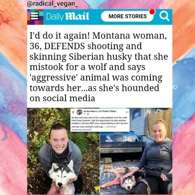 Radical_Vegan_'s tweet photo. There's outrage against her only because people realized that she murdered a dog instead of a wolf.

Had it been a wolf instead of a dog, We won't be seeing this outrage and news headlines.

And like always these scenarios shows how speciesist our society is..

#FuckHunters https://t.co/SvA0N6PYUM