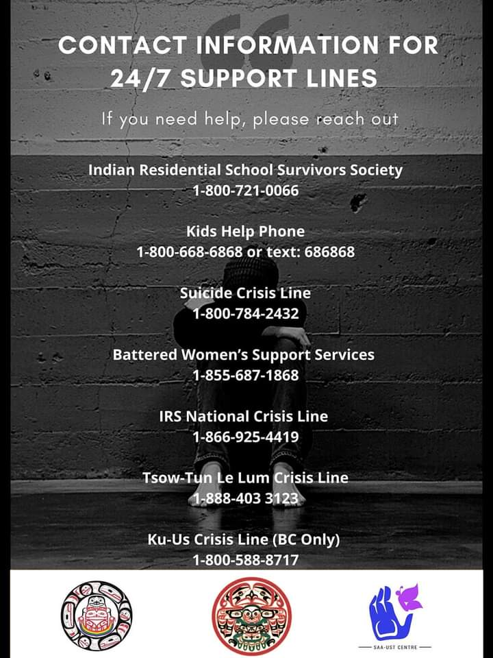 #TRC and #OrangeShirtDay events arent just limited to Sept. 30.

Neither is the trauma experienced by #INDIGENOUS peoples.

Supports are available 24/7 if you need them.

Please RT and share.