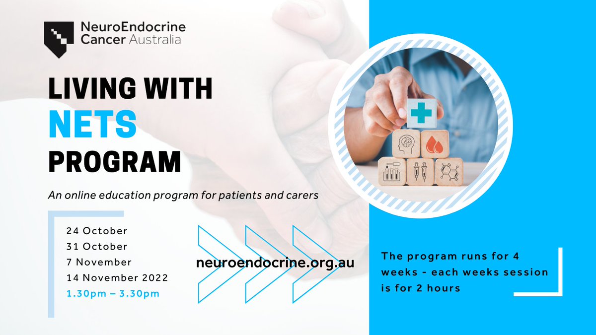 NECancerAus's tweet photo. We've offically launched our “Living with NETs” Program for patients and carers. The FREE program runs for 4 weeks - each weeks session is for 2 hours. #LetsTalkAboutNETS #NETS Register here: https://t.co/QU0wppWq7t https://t.co/B8LlxhXQrm