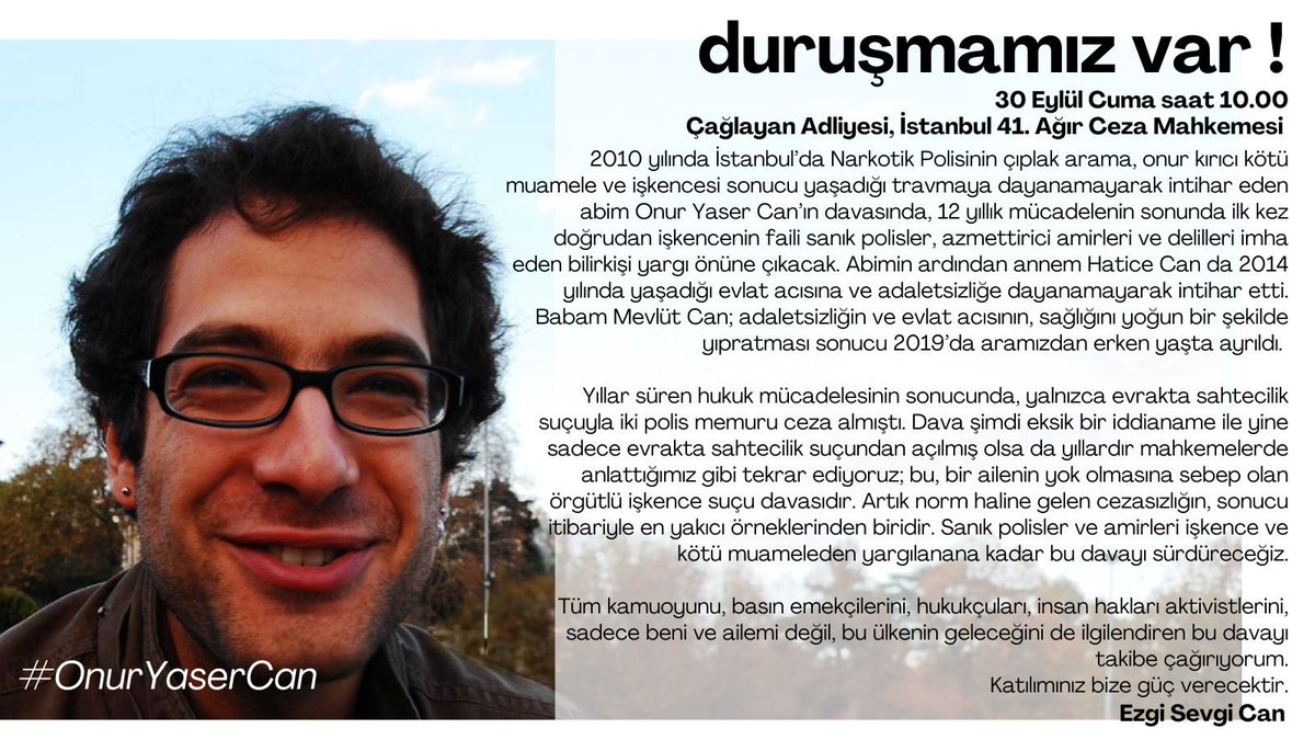 baskahaber's tweet photo. Onur Yaser Can Davası'nın 30 Eylül’de yapılacak duruşmasına çağrı

Başka Haber, Onur Yaser Can davasını tüm ayrıntılarıyla en başından beri izliyor.
Tüm haberler için 👉 https://t.co/hGSZCDOPRb https://t.co/BGlRHFx5bc