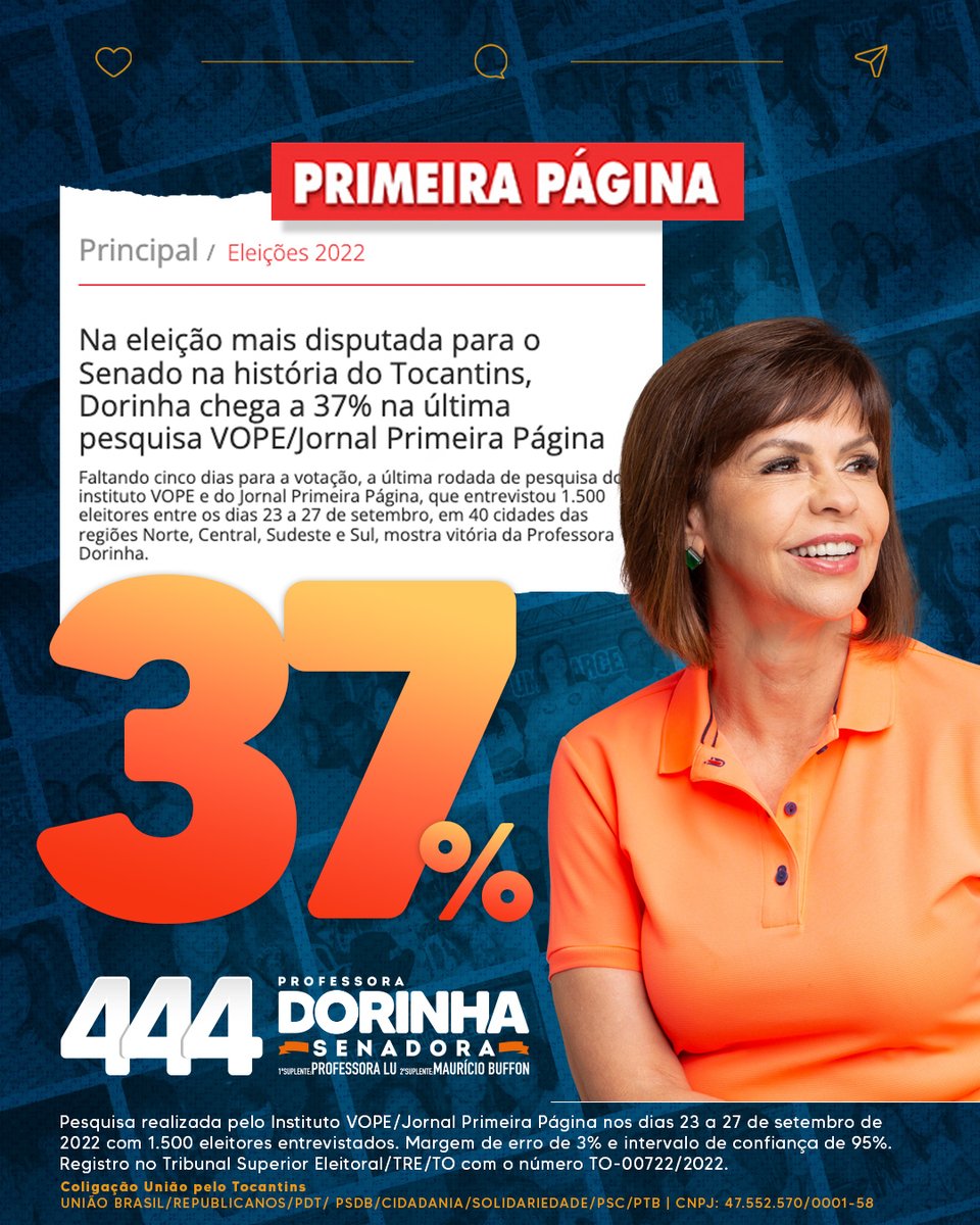 profdorinha's tweet photo. Professora Dorinha, dispara em 🥇 PRIMEIRO LUGAR, em mais uma pesquisa!

Com 37% de preferência entre os tocantinenses, pesquisa VOPE confirma a mudança no Senado, que chega para o Tocantins.

Dia 2 de outubro, todos somos 4️⃣4️⃣4️⃣ https://t.co/mVPI7D7WCt