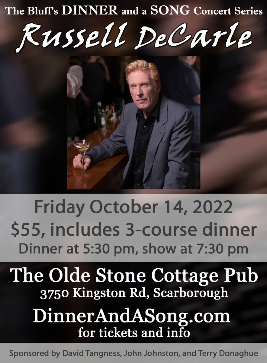 On Friday Oct 14 <a href="/RusselldeCarle/">Russell deCarle</a> is at <a href="/StoneCottagePub/">Stone Cottage Pub</a> for a great show! tickets dinnerandasong.com   <a href="/torontolive6/">TorontoLive</a> <a href="/WeeDansHoose/">Stevie Connor</a> <a href="/cameron_tiff/">Cameron Bailey</a> <a href="/mattgallowaycbc/">Matt Galloway</a> <a href="/CBCBigCity/">Big City Small World</a> <a href="/ScarboroVillage/">Scarborough Village</a> <a href="/metromorning/">Metro Morning</a> <a href="/ErrolNazareth/">Errol Nazareth</a>