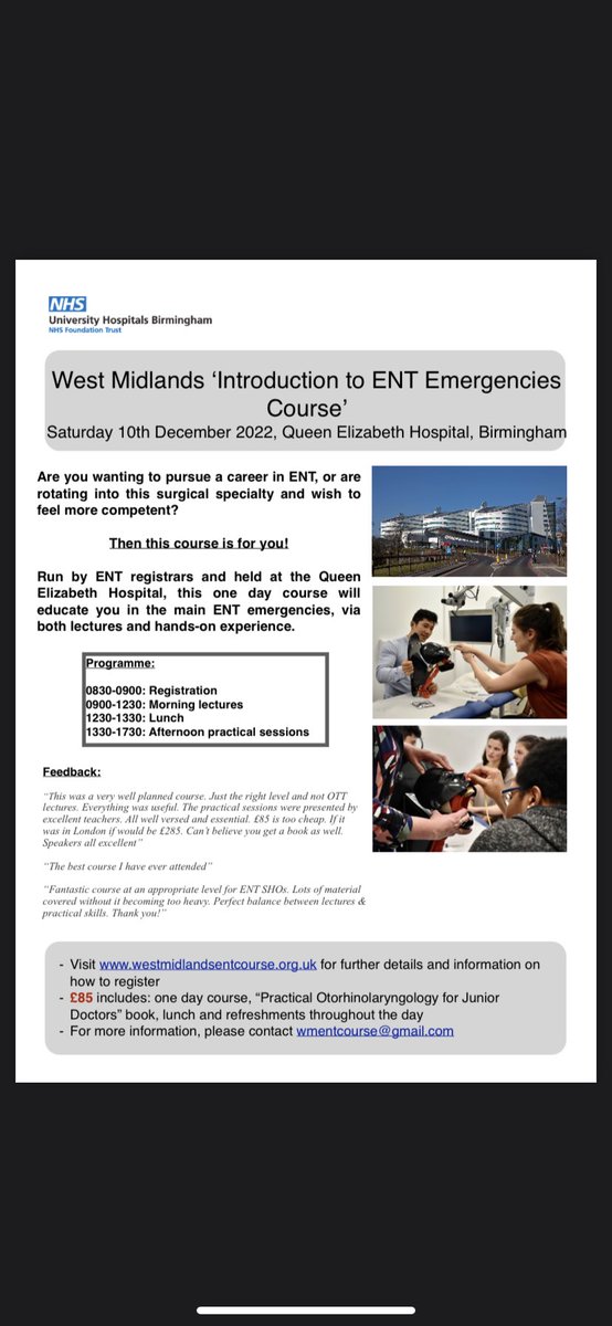 The West Midlands ENT Emergencies course is running again this year on Saturday 10th December: