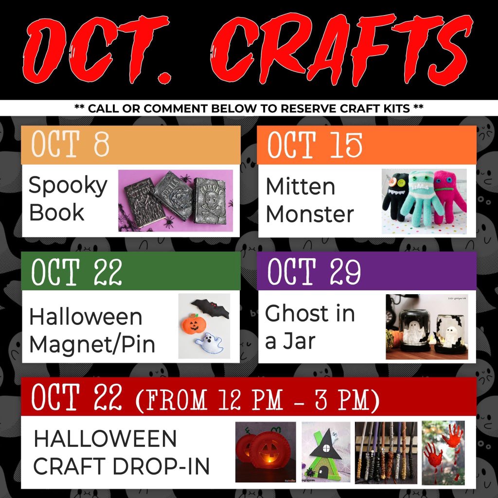 Springfield_Lib's tweet photo. Our October Craft list is here! Check out these Spooktacular crafts and let us know if you would like to register for any of them. 

Oct 22nd, we are hosting out Halloween Craft Drop-in! Stop by the library between 12pm - 3pm to make some fun crafts. Come in costume! https://t.co/jBzj1Kmw3a