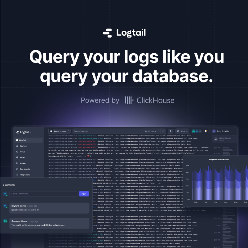 BetterStackHQ's tweet photo. Yes — you can have structured logs and query them with SQL!

💡 Beautiful dashboards, anomaly alerts, team collaboration, unbeatable price