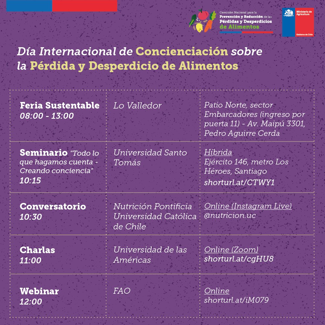Hoy en el Día Internacional de concienciación sobre la pérdida y desperdicio de alimentos 🥬🥕, por eso te invitamos a conocer y participar de una serie de actividades para trabajar juntas y juntos por reducir el desperdicio de alimentos en Chile 🇨🇱 y el mundo 🌎