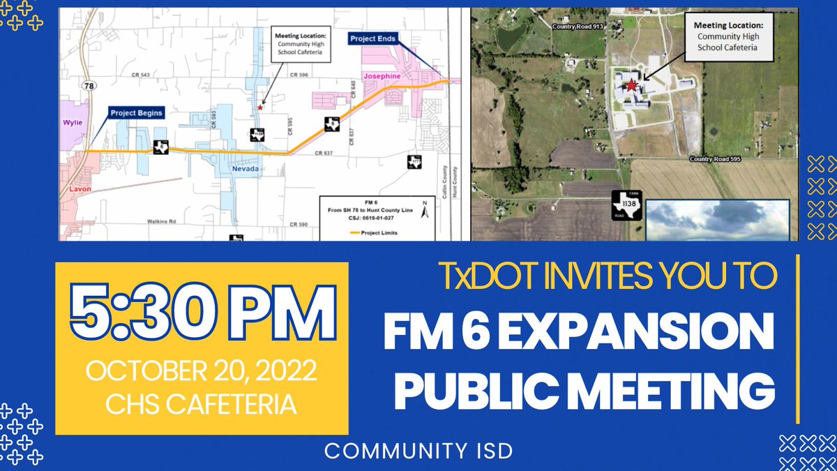 Coming up on October 20, <a href="/TxDOT/">TxDOT</a> will host a public meeting at the Community High School cafeteria. This meeting will cover the proposed FM 6 expansion taking place in the boundaries of Community ISD. Click on the link below for more information.

communityisd.org/about-us/distr…
